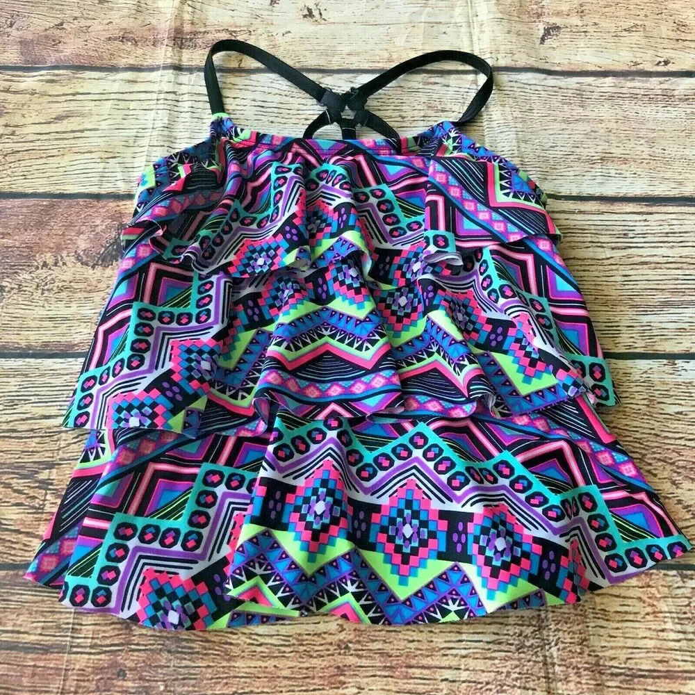 Justice Girl’s Neon Geometric Multicolor Swim Bathing Suit Tankini Kid’s Youth 6